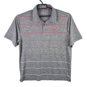Mens Under Armour Gray & Red Striped Loose Fit Polo Shirt Short Sleeve Size XL